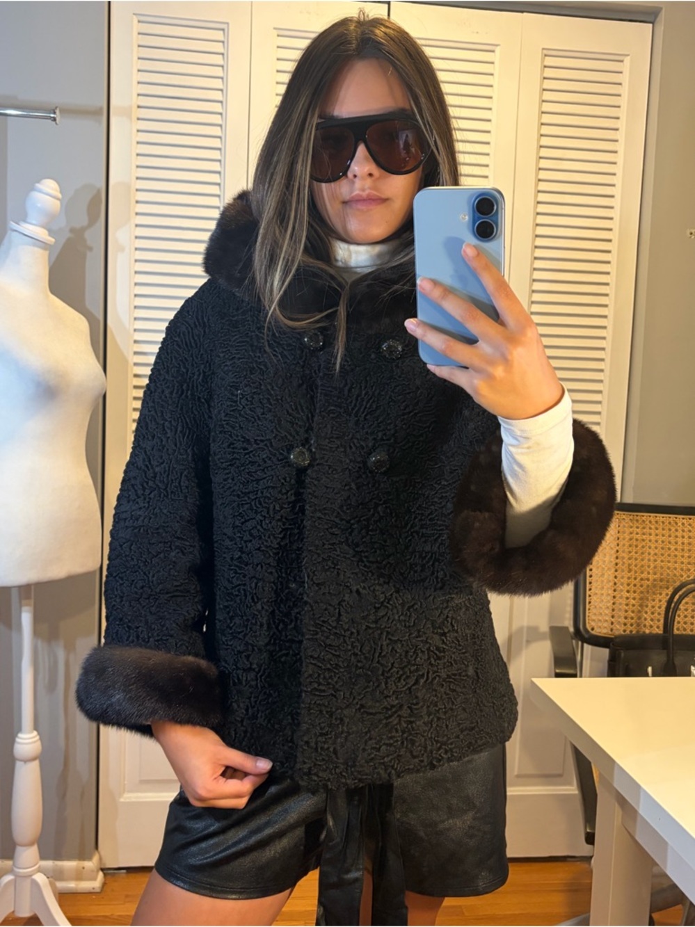 Women’s Black Faux Fur-Trimmed Persian Lamb Coat As is